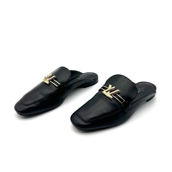 LOUIS VUITTON Upper Case Black Slide Loafers Size 38 Chain LV Logo Flat Mules - Picture 1 of 13